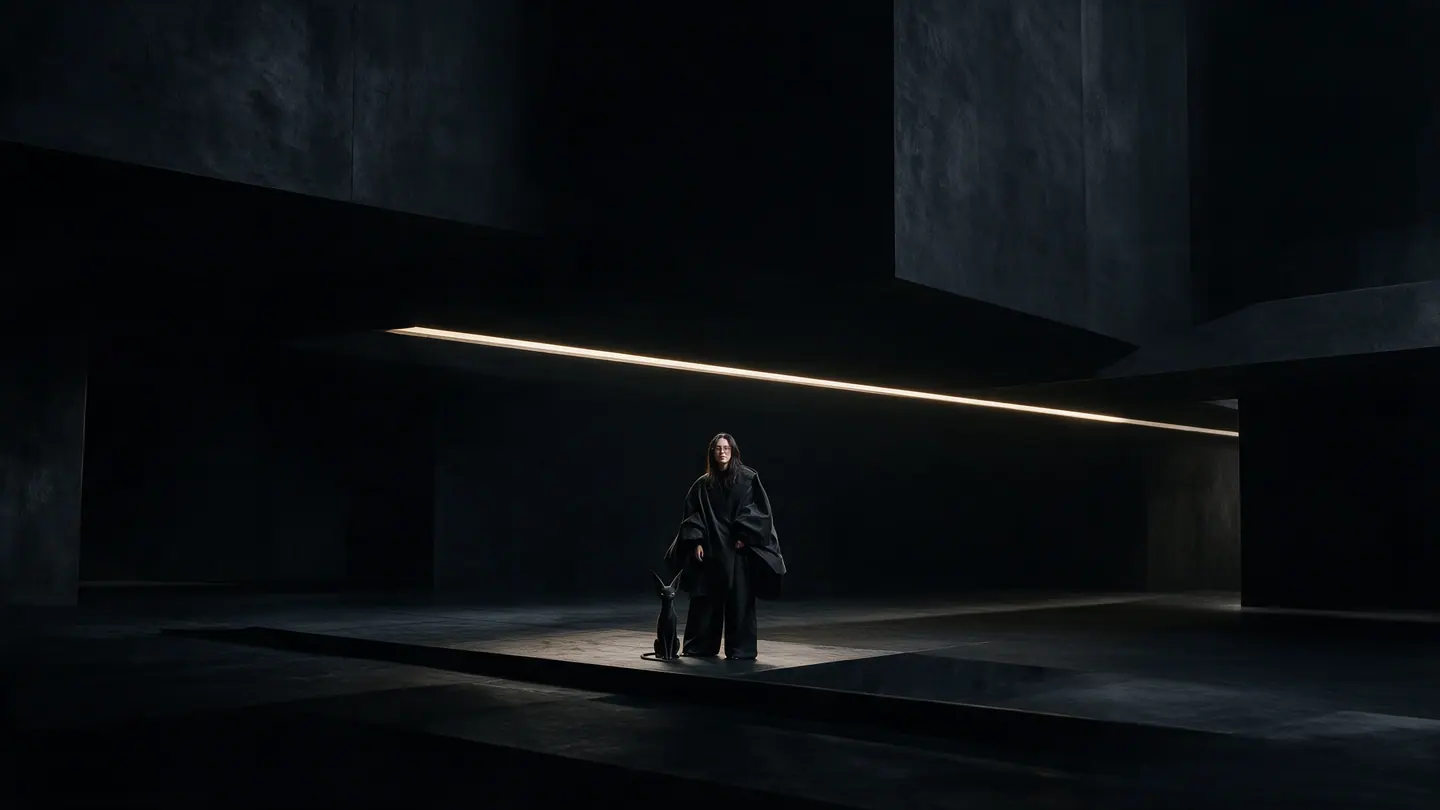 Catherine and her signature creature appear tiny within a vast, nearly black architectural space crossed by a fine line of light.